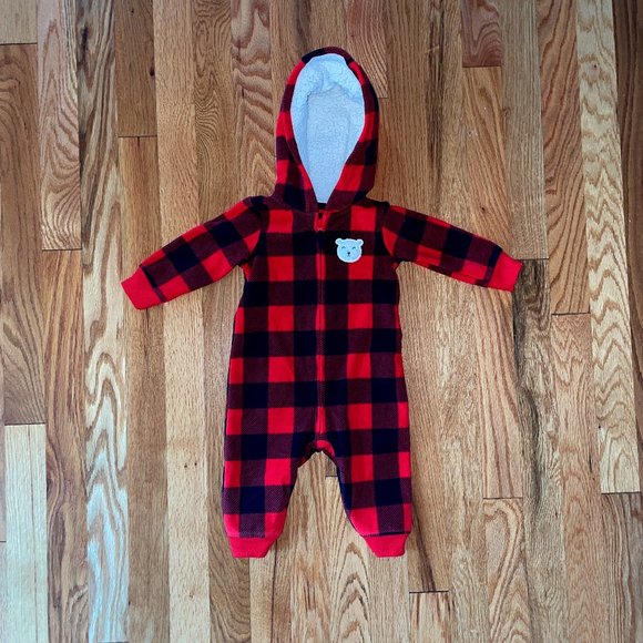 Plaid Zip-Up Hooded Fleece Jumpsuit - Picture 1 of 2